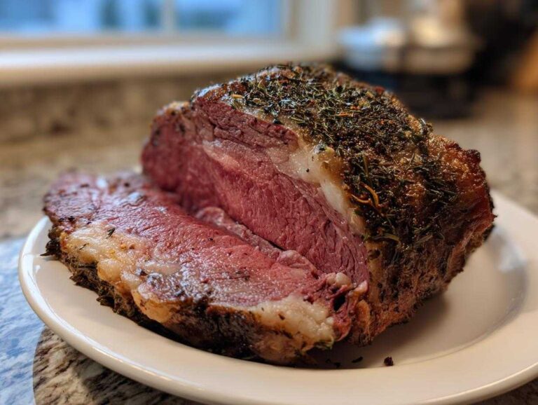 A thick slice cut from a herb-crusted prime rib roast showing a perfect medium-rare center.