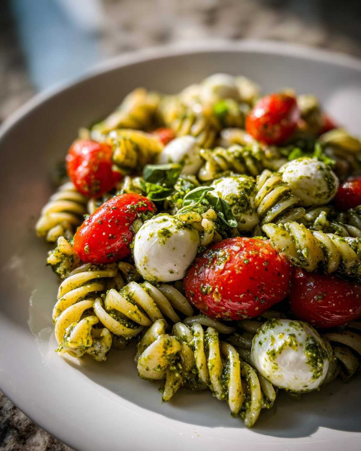 Close-up of a serving of pesto pasta salad featuring fusilli pasta, bright red cherry tomatoes, and small mozzarella balls.