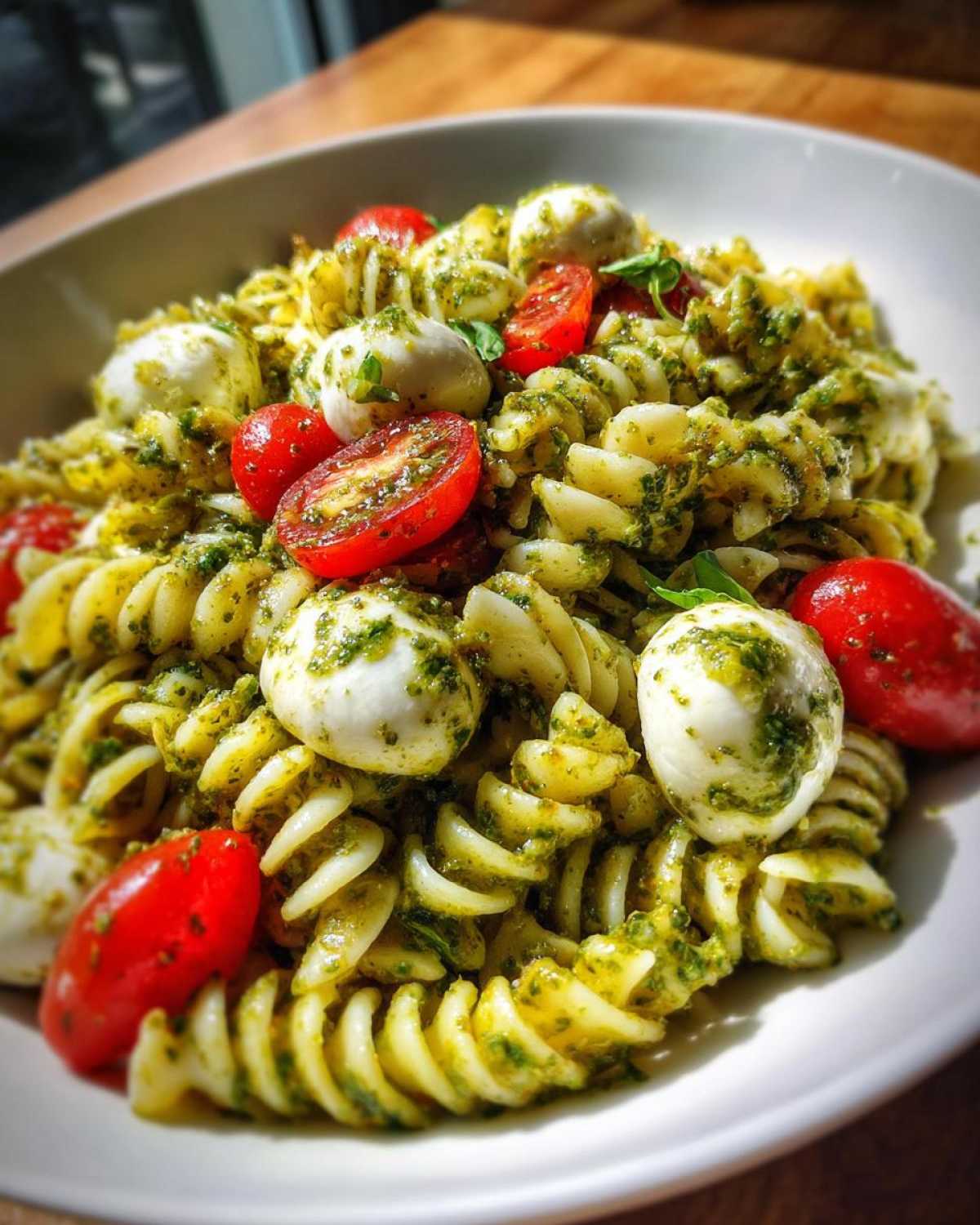A vibrant bowl of pesto pasta salad featuring fusilli pasta, small mozzarella balls, and halved cherry tomatoes.
