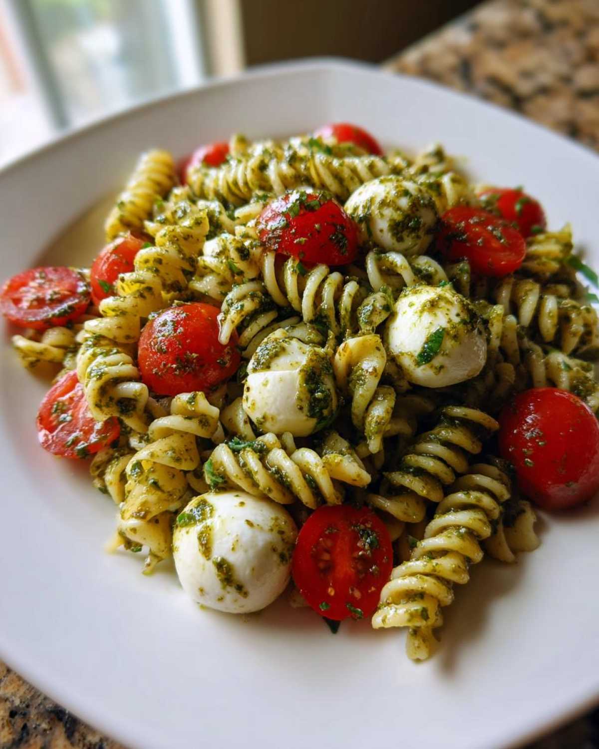A close-up shot of a serving of pesto pasta salad featuring rotini pasta, cherry tomatoes, and small mozzarella balls.