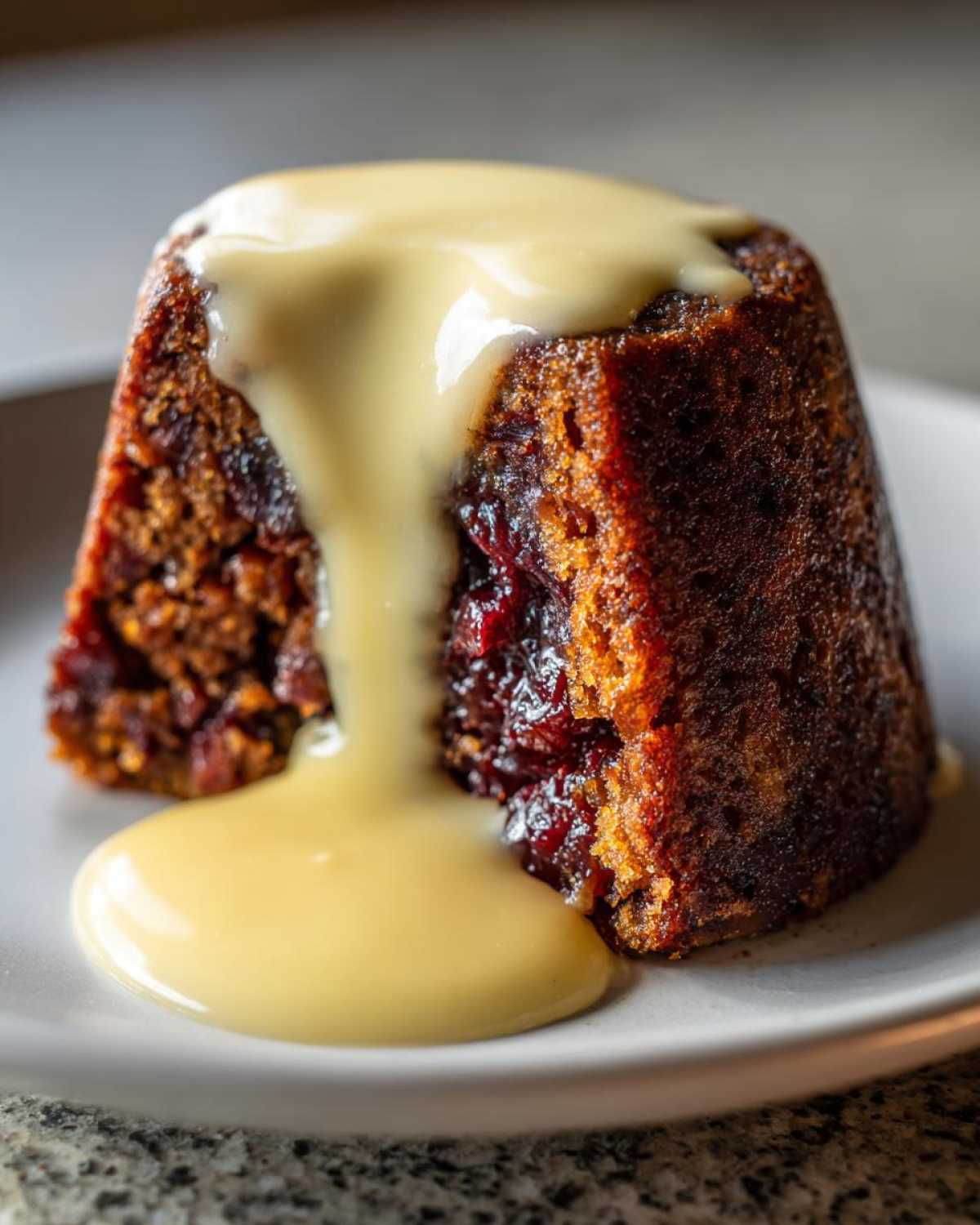 Close-up of a rich, dark plum pudding with a section cut out, generously topped with flowing vanilla custard sauce.