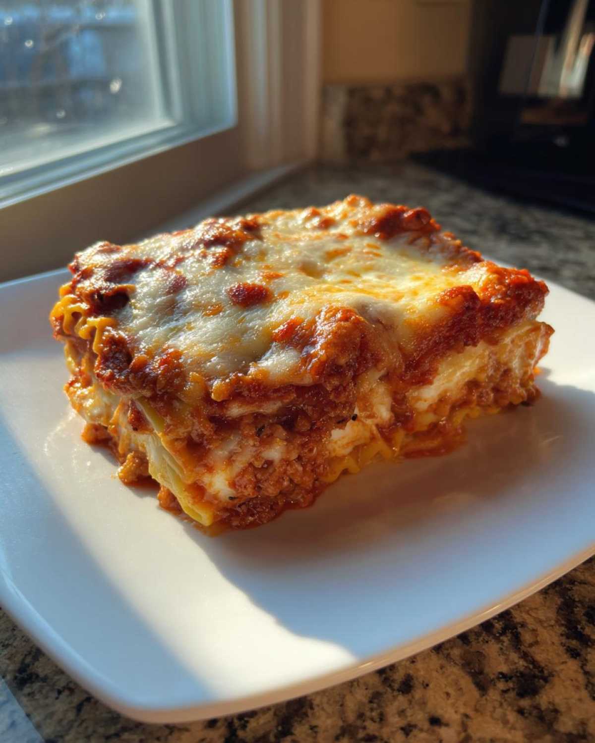 A square slice of baked ravioli lasagna, layered with meat sauce and melted cheese, sitting on a white plate.