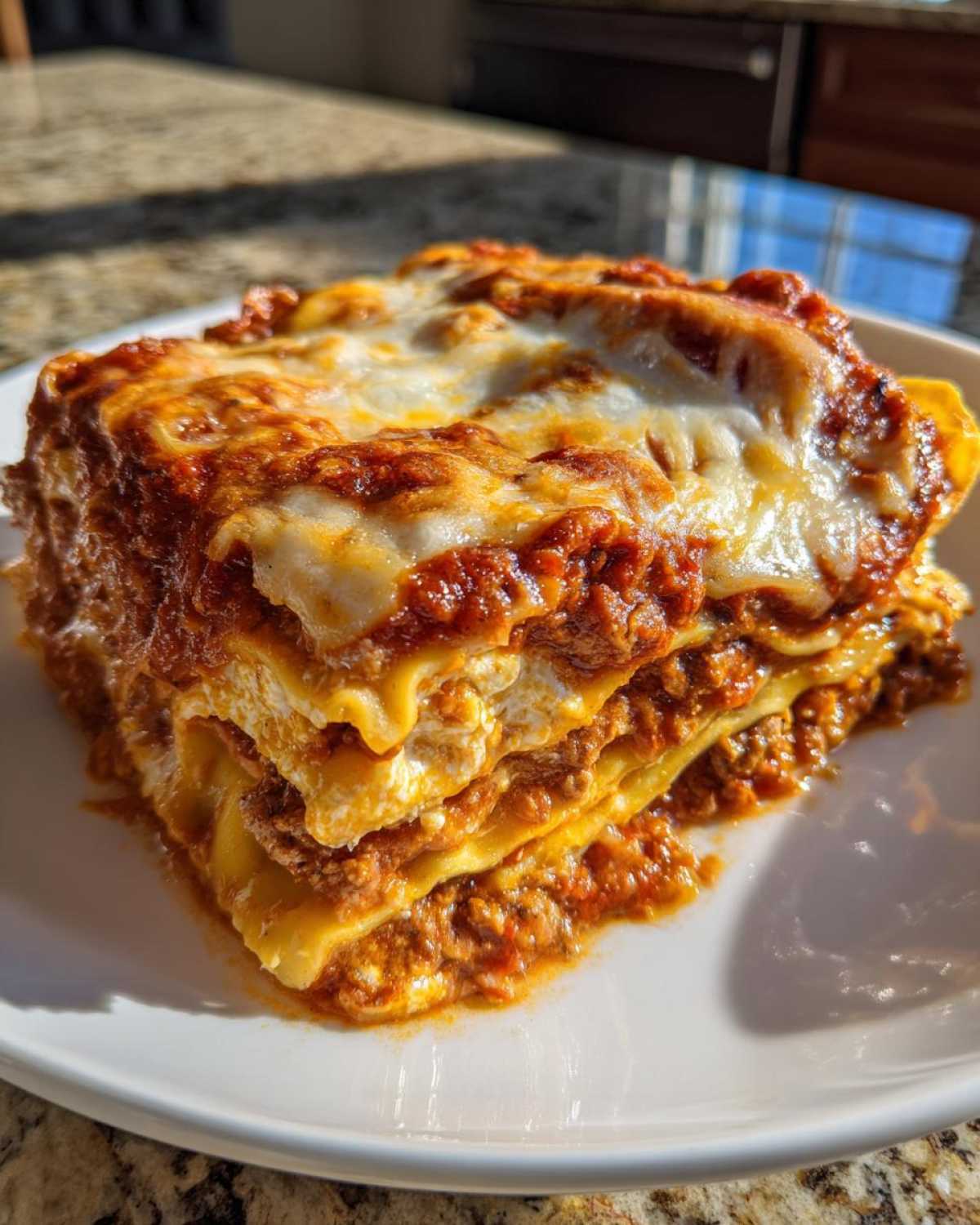 A generous slice of homemade ravioli lasagna, layered with meat sauce and topped with bubbly, melted mozzarella cheese.