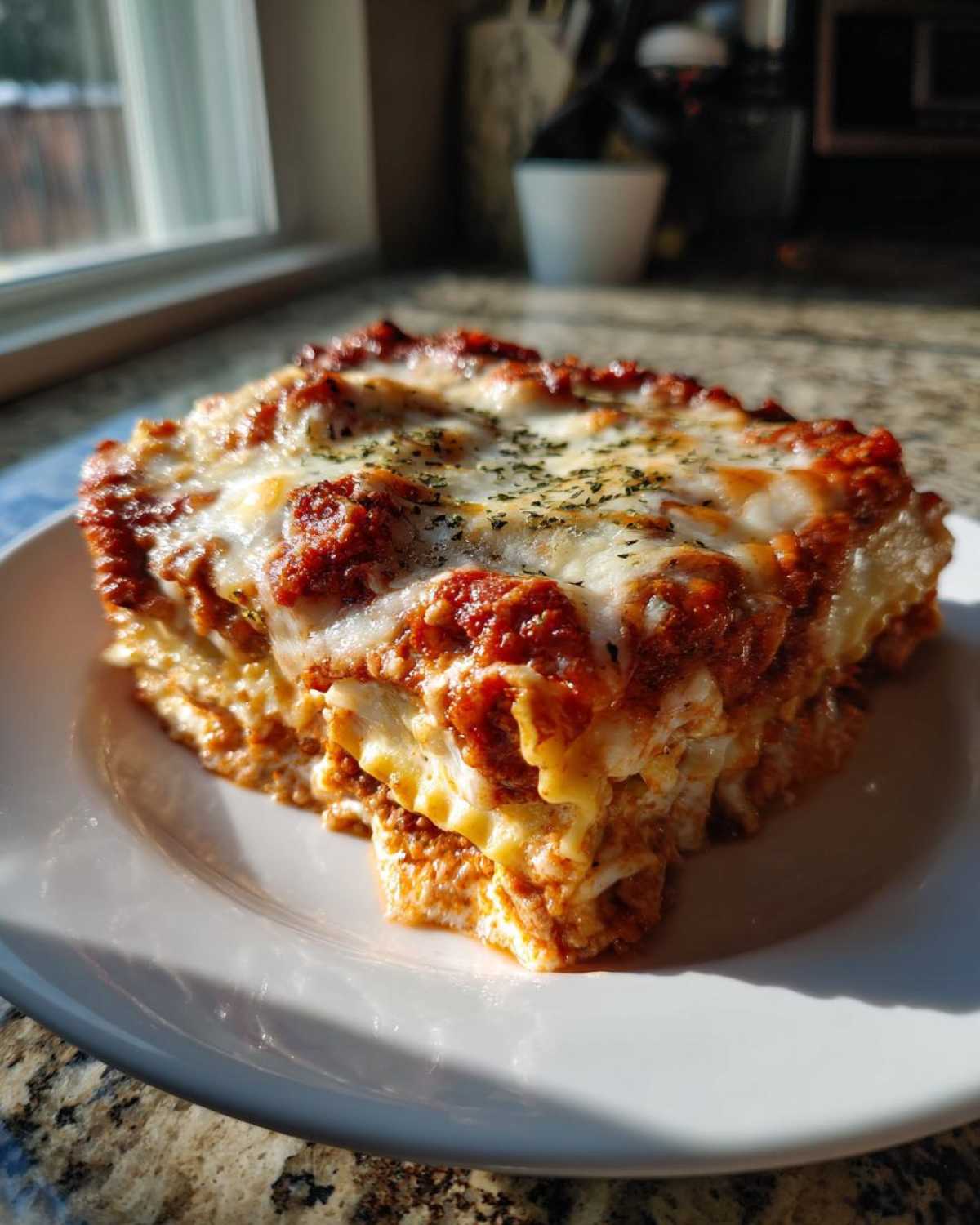 A close-up, sunlit slice of ravioli lasagna topped with melted mozzarella and herbs on a white plate.