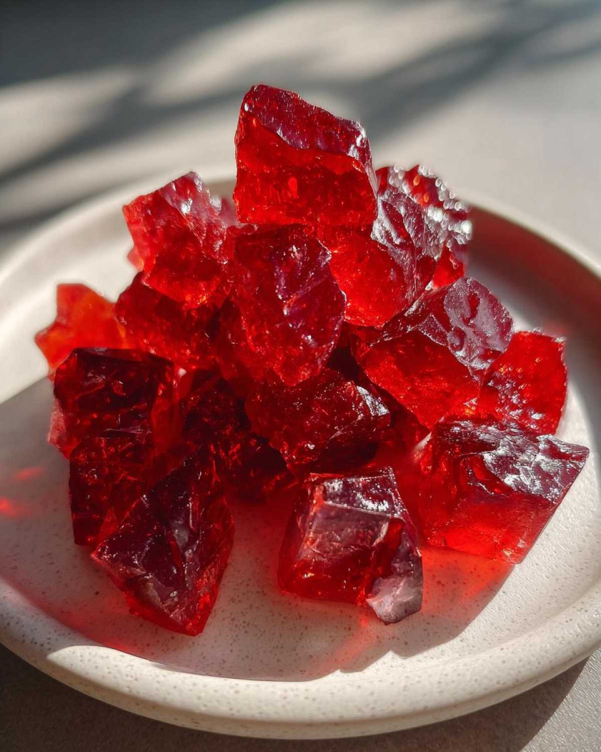 Close-up of bright red, jagged pieces of homemade cinnamon rock candy piled on a light-colored plate.
