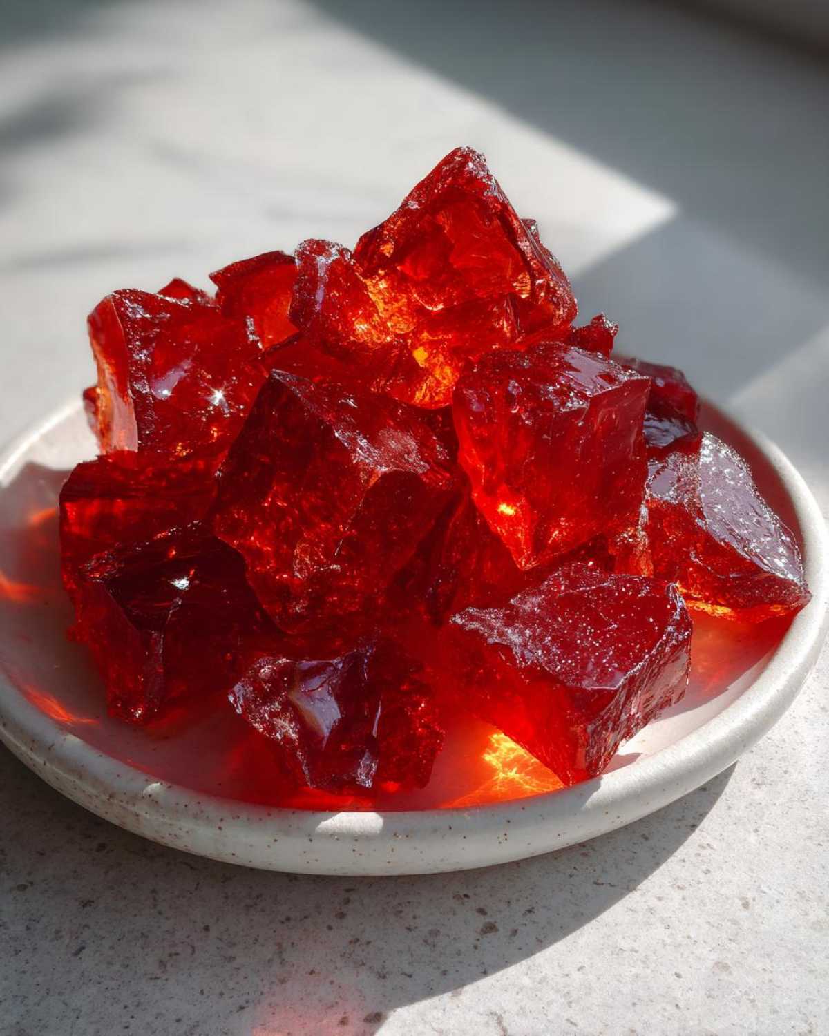 A pile of vibrant, jewel-like red cinnamon rock candy chunks resting on a small speckled white dish.