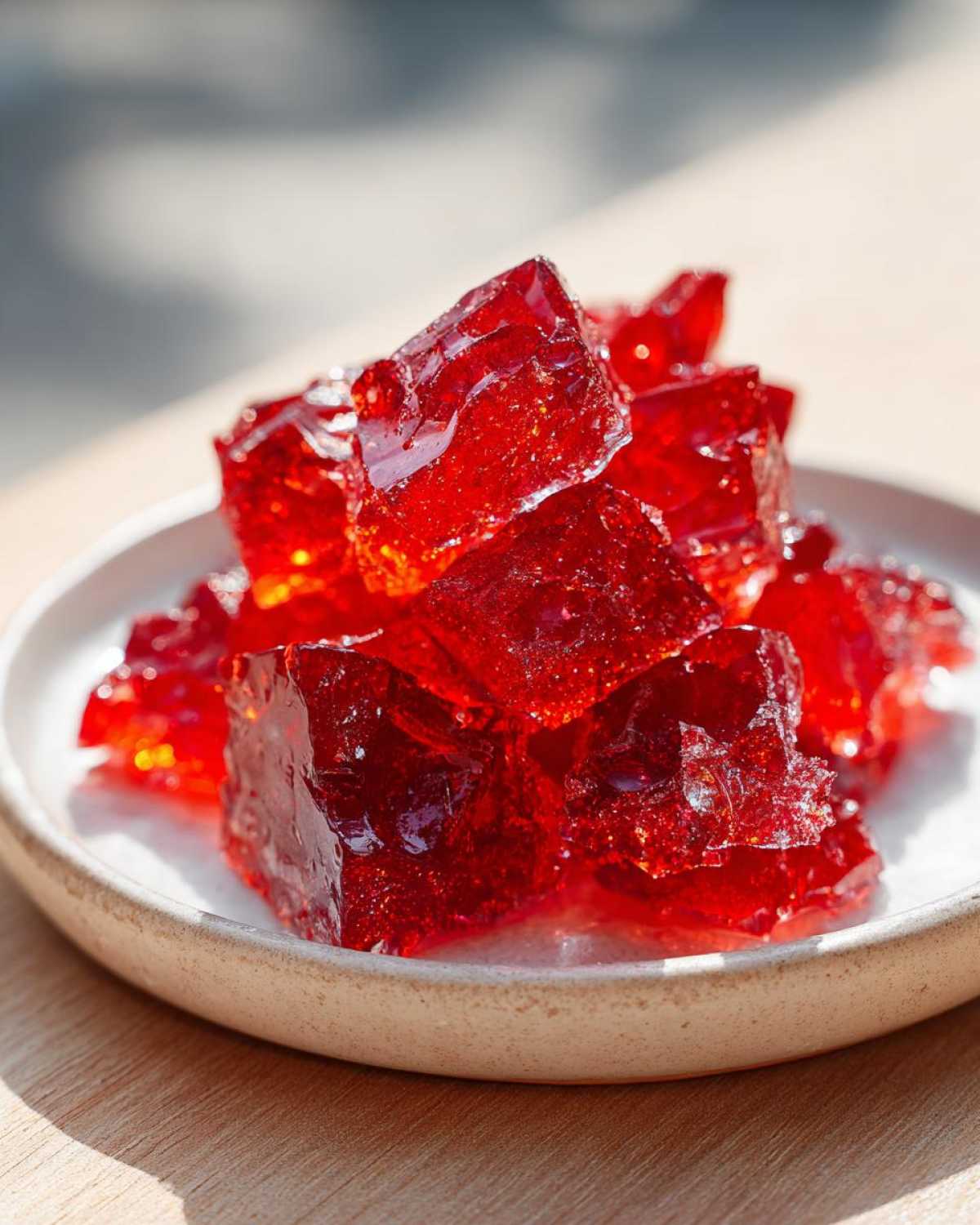 Close-up of bright red, glistening pieces of homemade cinnamon rock candy piled on a small, light-colored ceramic plate.
