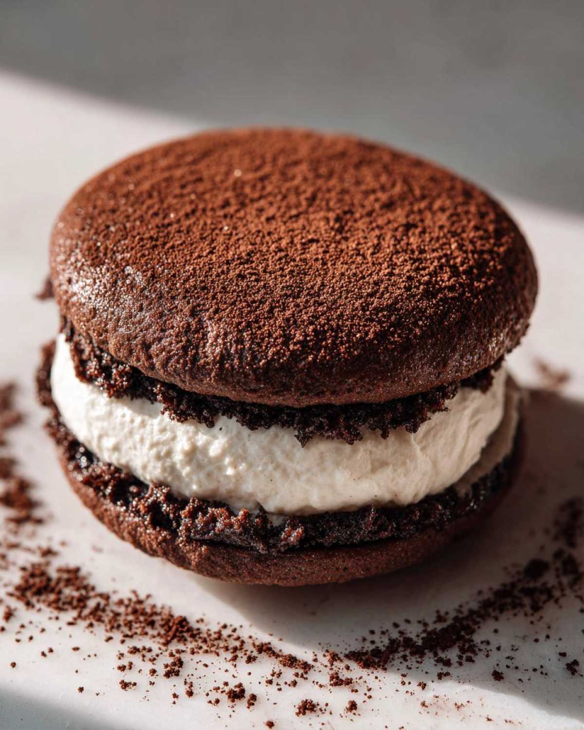 A decadent chocolate sandwich cookie, resembling tiramisu cookies, filled with thick white cream and dusted with cocoa powder.