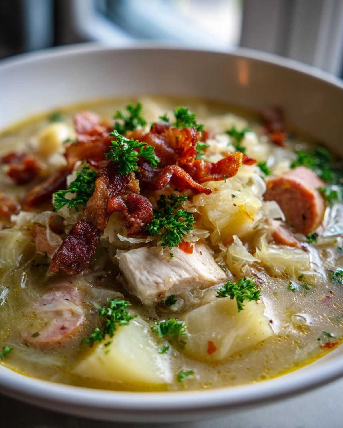 Close-up of a hearty bowl of sauerkraut soup featuring chunks of meat, sausage, potatoes, and topped with crispy bacon and parsley.