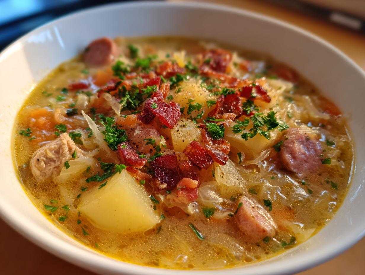 A close-up of a rich, yellow broth sauerkraut soup filled with potatoes, sausage, bacon, and fresh parsley.
