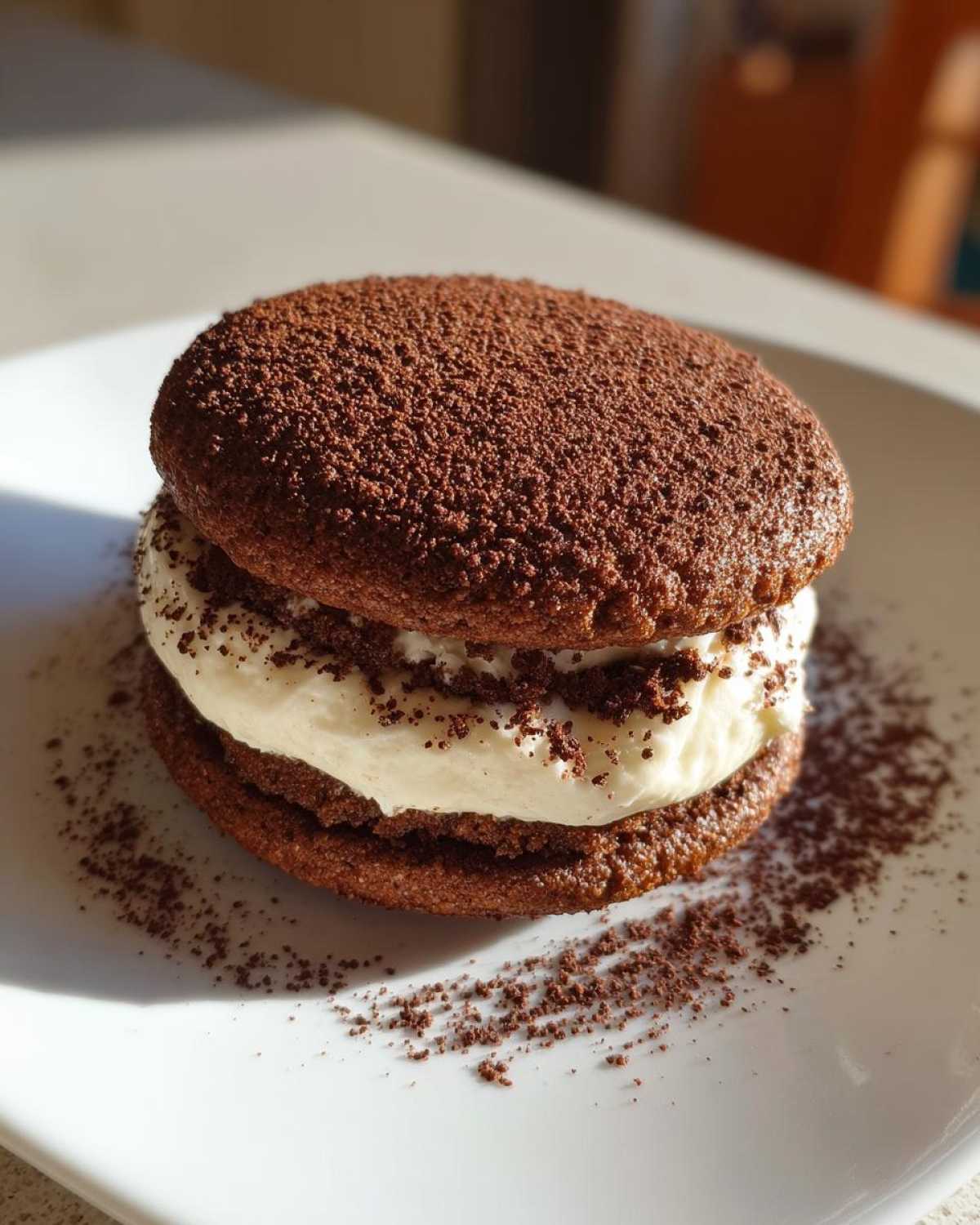 A single, decadent tiramisu cookies sandwich filled with cream and dusted heavily with cocoa powder.