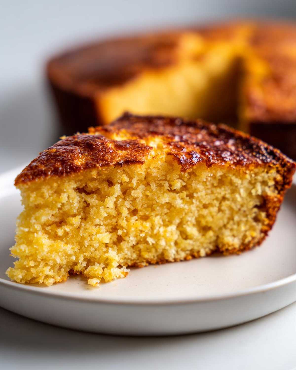 Close-up of a thick slice of moist skillet cornbread showing its crumb texture and dark, caramelized crust.