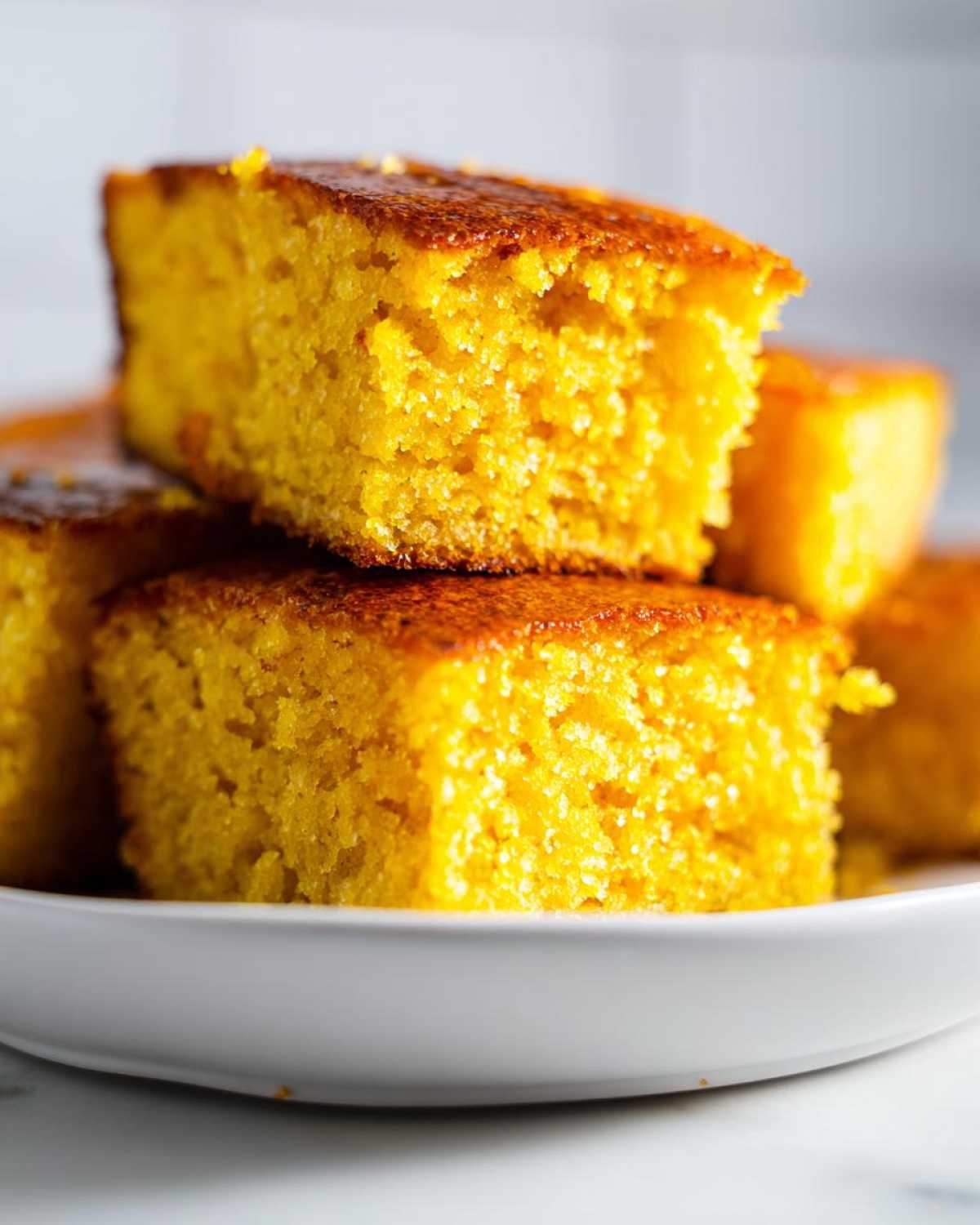 Close-up of stacked, golden squares of moist skillet cornbread with a slightly browned crust.