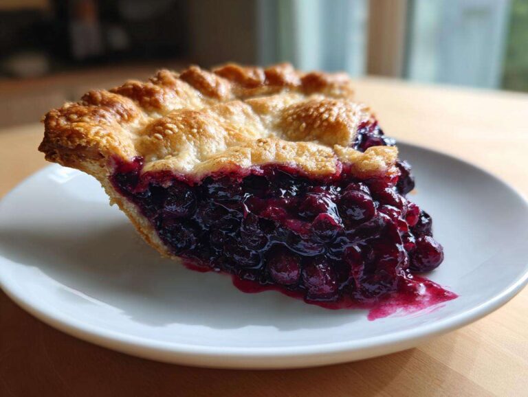 Close-up of a generous slice of blueberry pie recipe showing a flaky golden crust and rich, juicy blueberry filling.