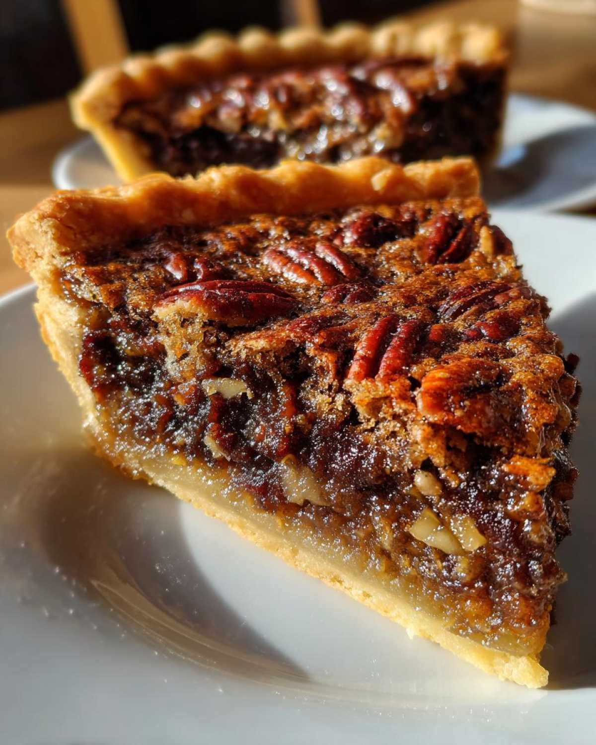 Close-up of a rich slice of chocolate pecan pie showing the gooey filling and whole pecans on top.