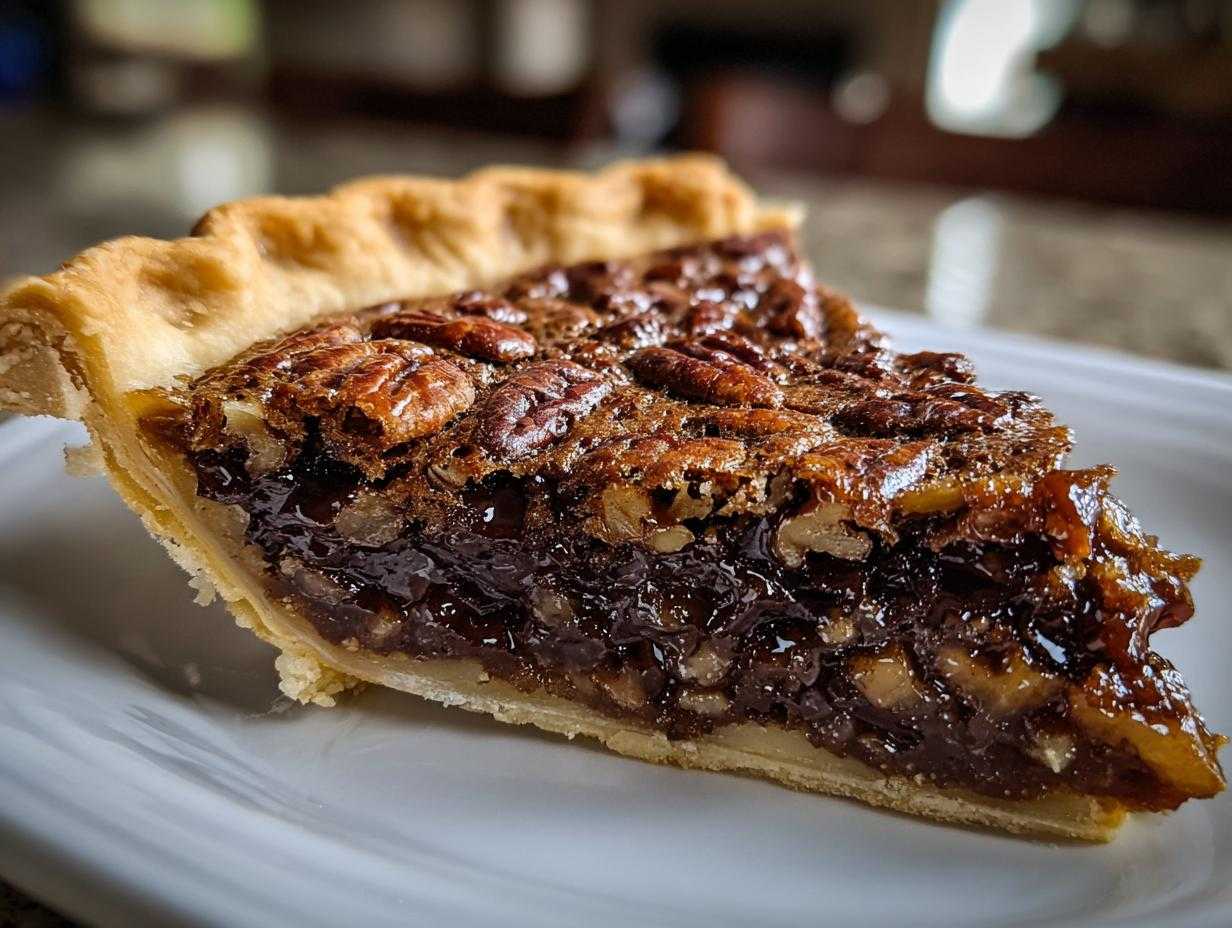 Close-up of a rich slice of chocolate pecan pie showing gooey filling and whole pecans on a white plate.