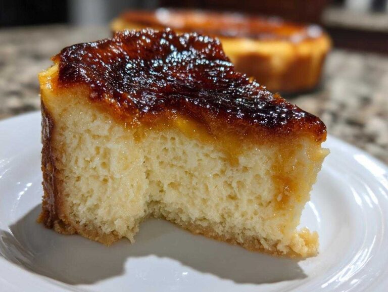 Close-up of a slice of creme brulee cheesecake showing the creamy interior and glossy, caramelized sugar topping.