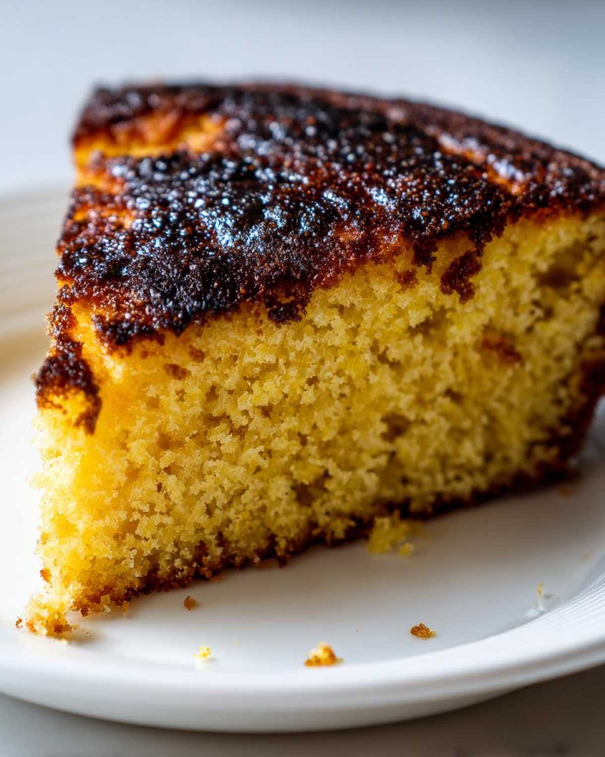 Close-up of a thick slice of yellow skillet cornbread showing its crumb texture and dark, caramelized top crust.