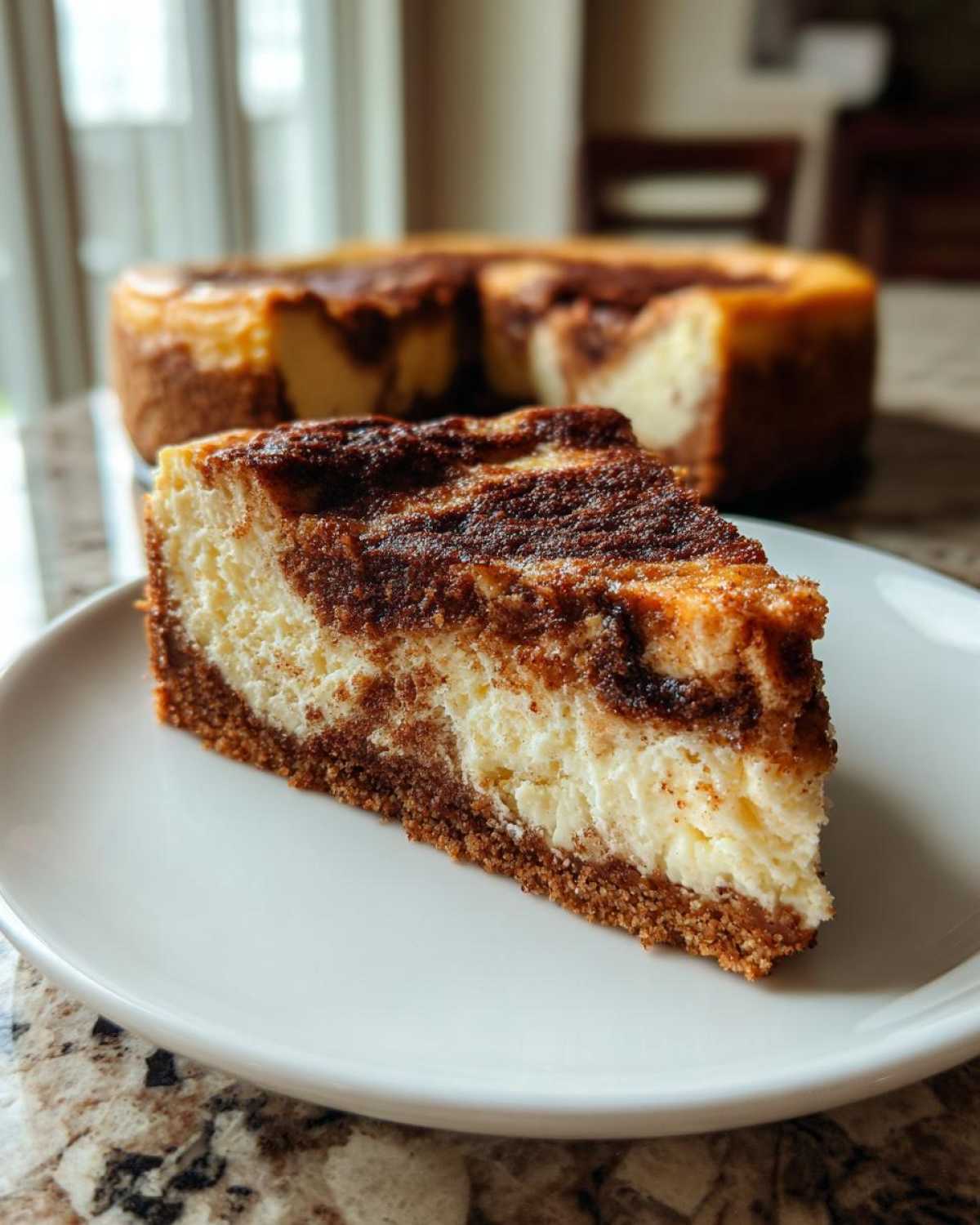 A close-up slice of rich snickerdoodle cheesecake with a cinnamon swirl and graham cracker crust, served on a white plate.