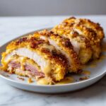 Close-up of sliced, breaded chicken cordon bleu stuffed with ham and cheese, drizzled with a creamy sauce.