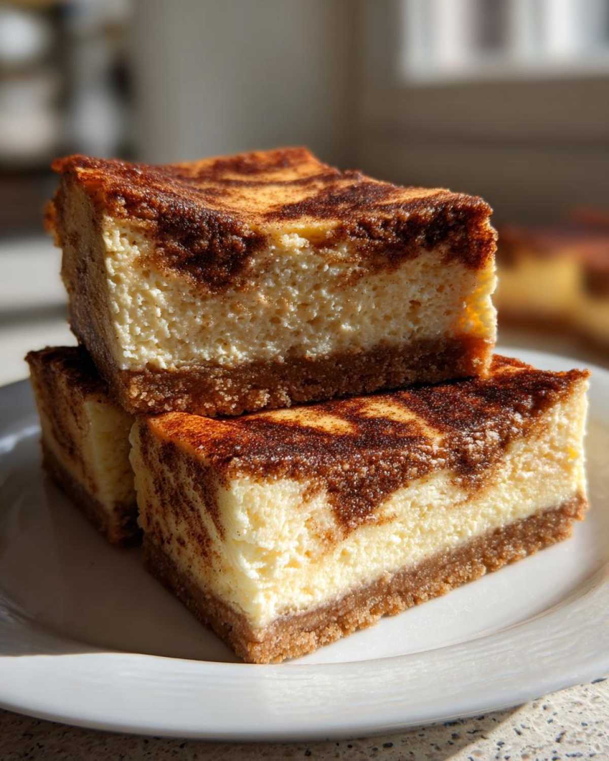 Three stacked squares of creamy snickerdoodle cheesecake bars with a cinnamon swirl topping and graham cracker crust.