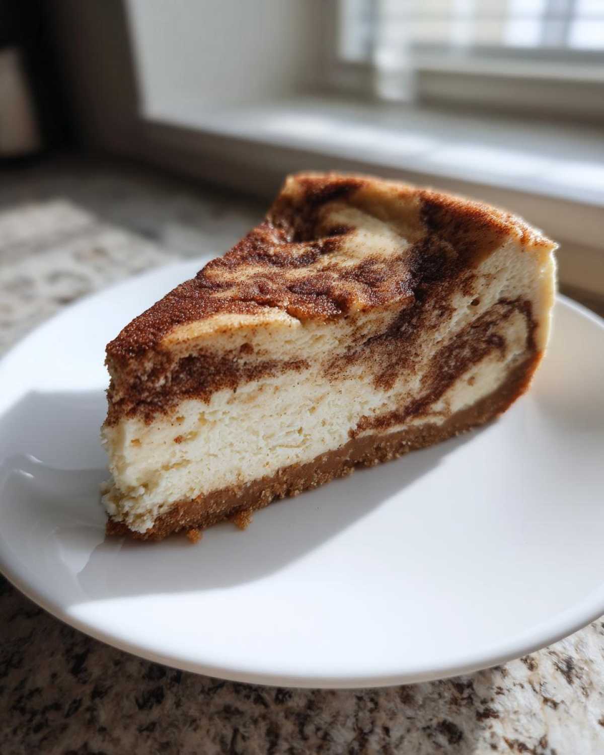 A single slice of creamy snickerdoodle cheesecake featuring a prominent cinnamon swirl topping and crust, served on a white plate.