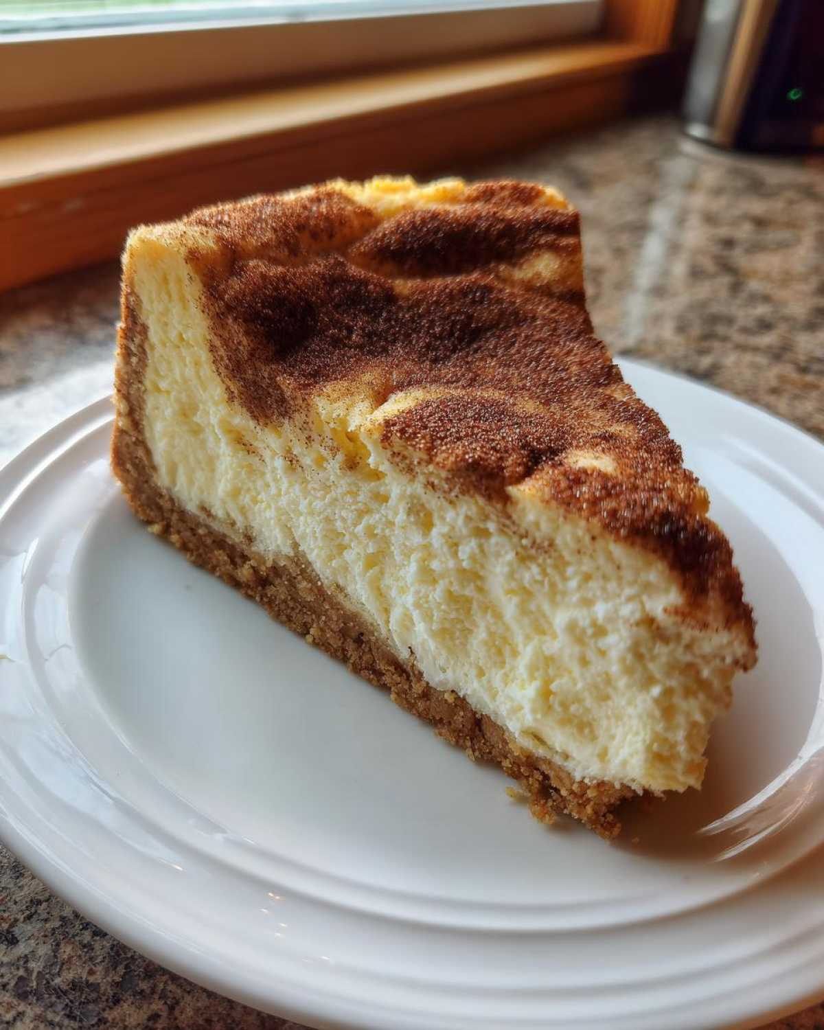 A thick slice of creamy snickerdoodle cheesecake with a cinnamon swirl topping on a white plate.