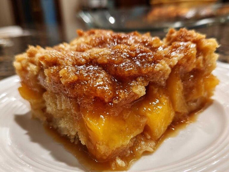 A close-up, mouth-watering slice of southern peach cobbler showing warm, syrupy peaches and a crumbly, caramelized topping.
