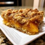 Close-up of a square serving of southern peach cobbler showing juicy peaches and a golden brown crumble topping.