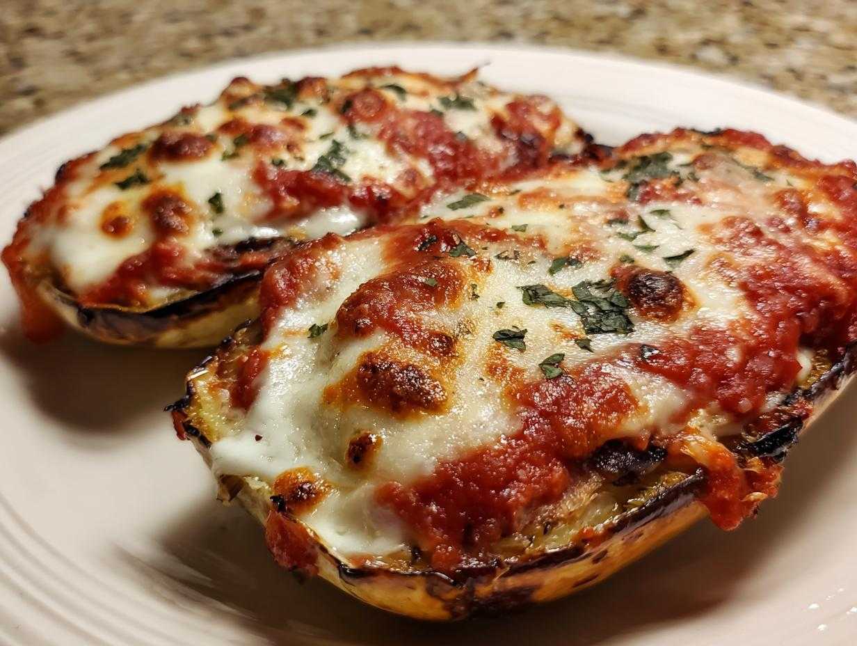 Two halves of spaghetti squash lasagna topped with melted mozzarella, marinara sauce, and parsley.