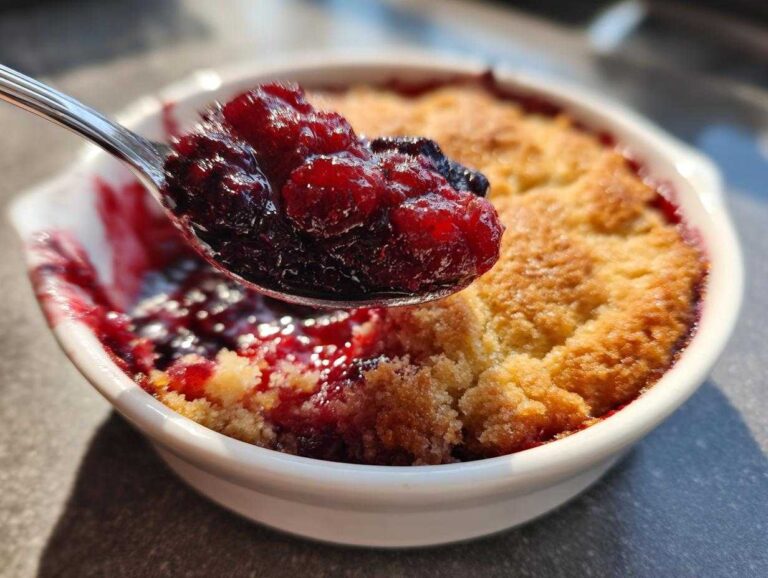 Close-up of a spoonful of warm, juicy mixed berries being lifted from a golden-topped berry cobbler.