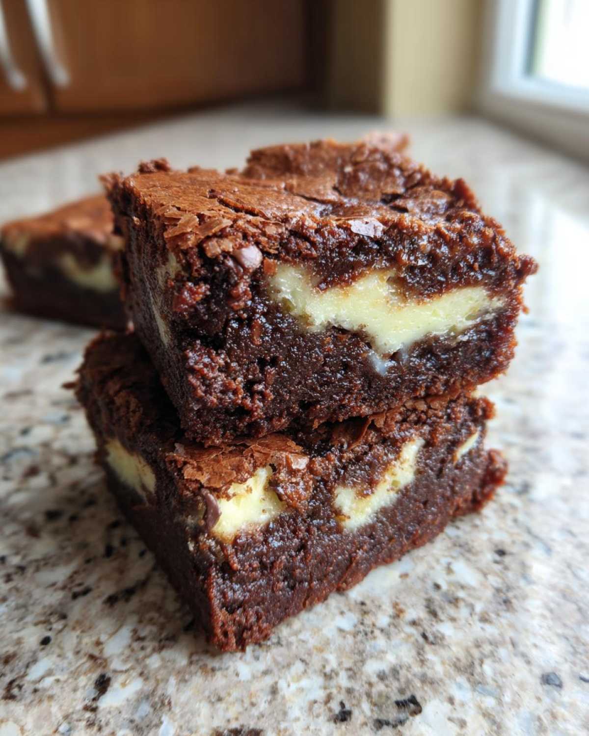 Two stacked, fudgy cream cheese brownies showing the distinct white cream cheese swirl inside the dark chocolate base.