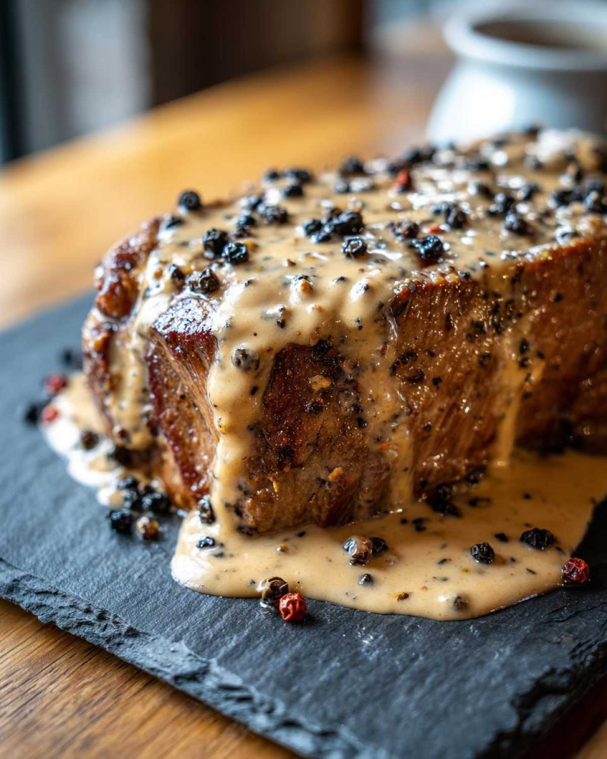 A thick cut of steak generously smothered in rich peppercorn sauce and whole peppercorns.
