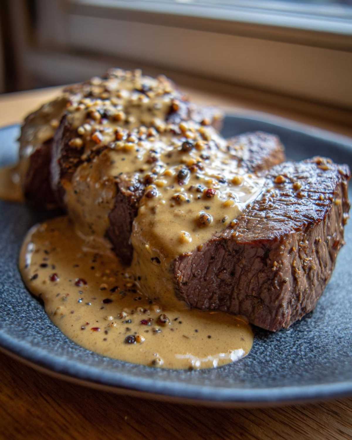 Two thick cuts of steak generously covered in creamy, whole-grain peppercorn sauce on a dark plate.