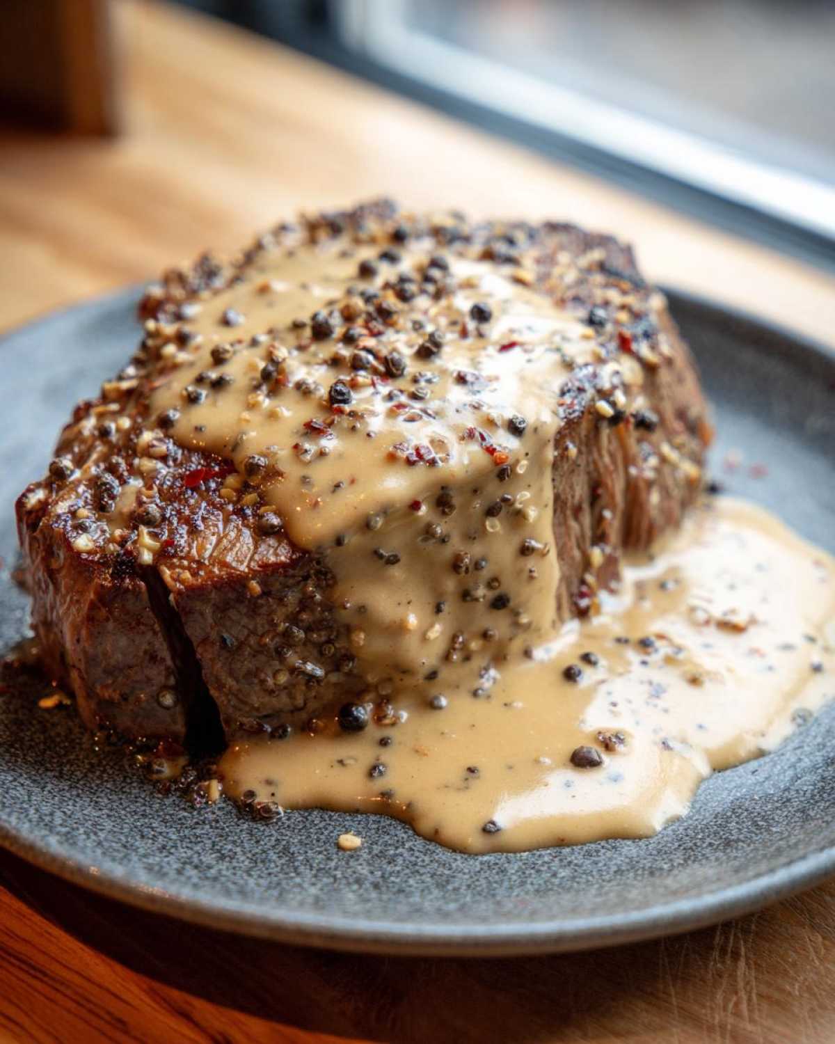 A thick cut of seared steak generously covered with creamy peppercorn sauce and whole peppercorns.