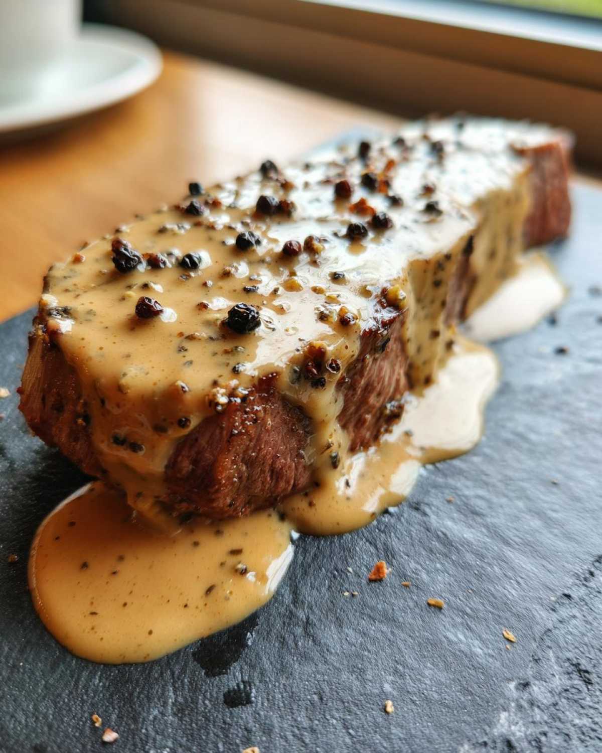 A thick cut of steak generously covered in creamy peppercorn sauce and whole peppercorns, served on slate.