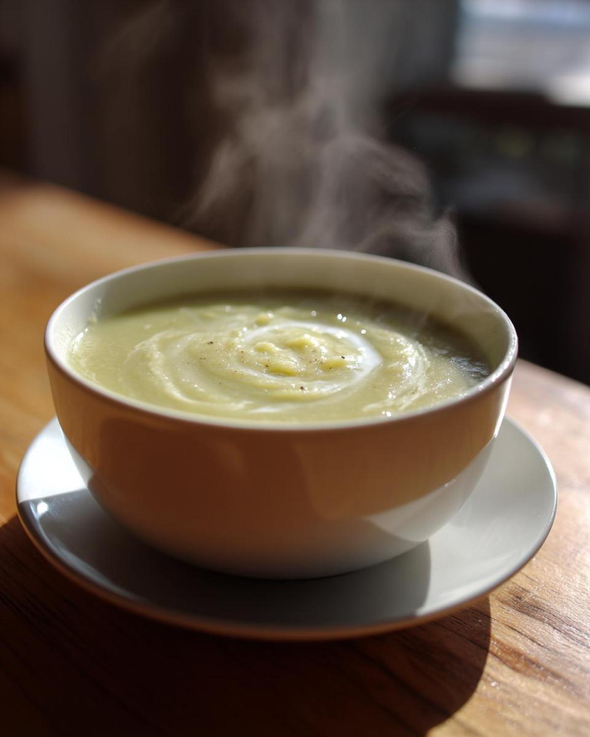 A close-up of a steaming white bowl filled with creamy potato leek soup, garnished with cream swirl and pepper.