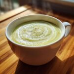 Close-up of a steaming white mug filled with creamy potato leek soup, garnished with a white cream swirl and green herbs.