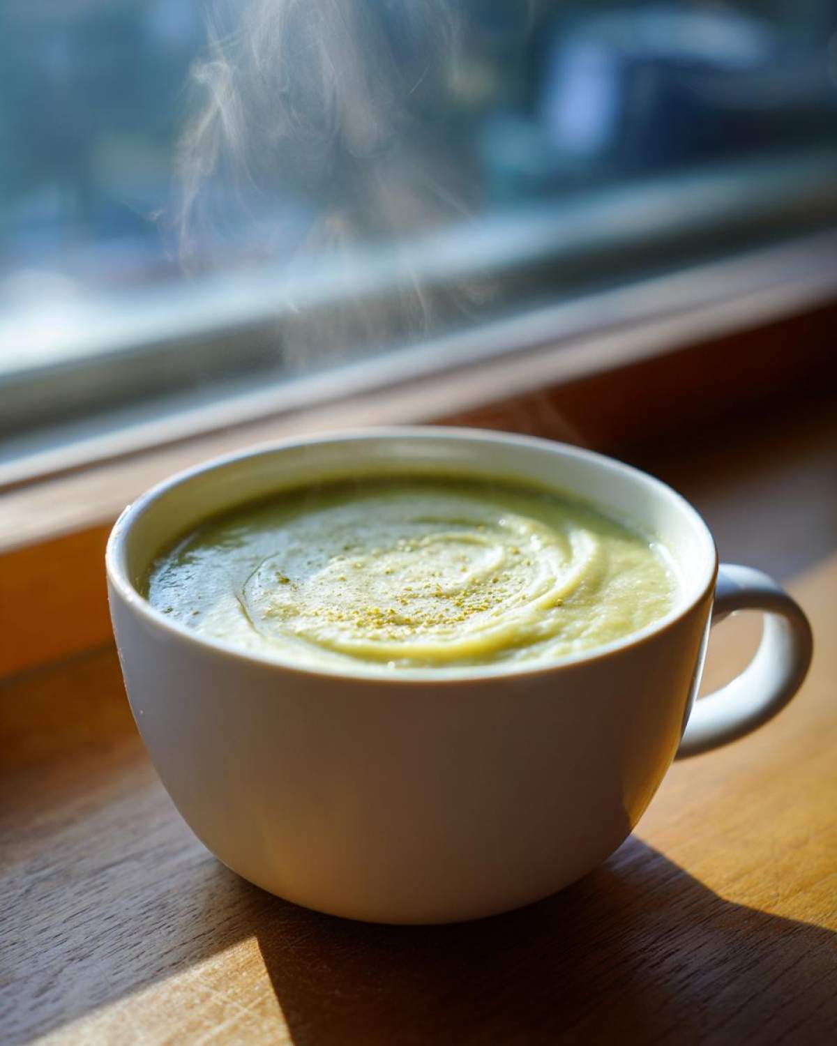 A steaming white mug filled with creamy green potato leek soup, sitting on a wooden surface by a window.