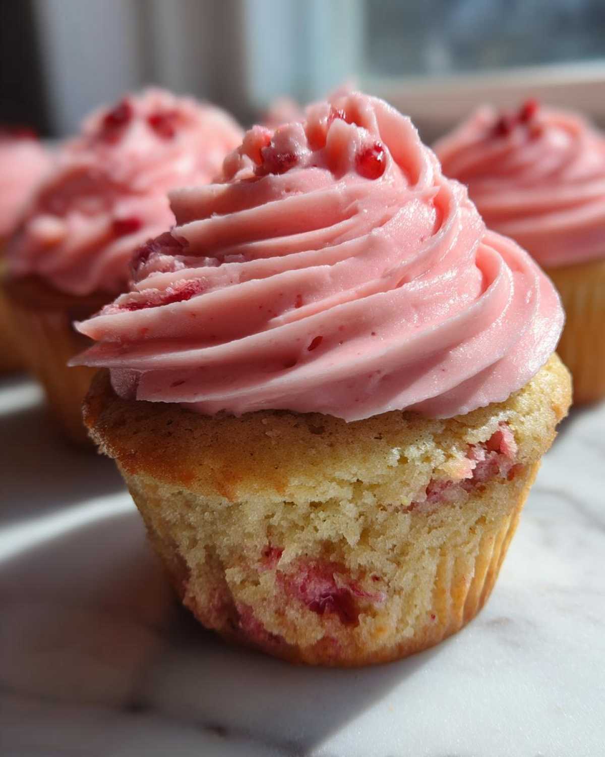 Close-up of a freshly baked strawberry cupcake topped with vibrant pink strawberry frosting and small red fruit pieces.