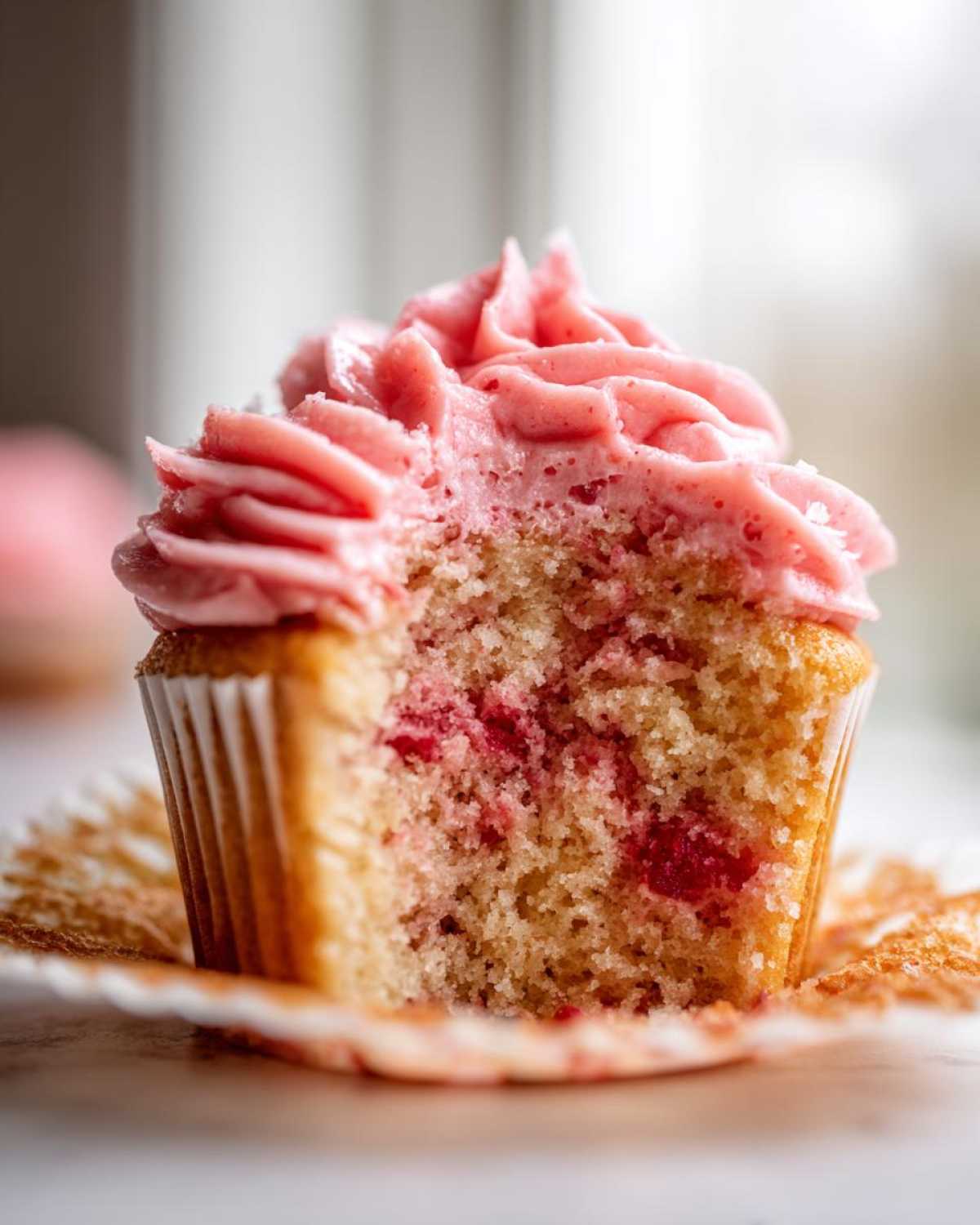 Close-up of a strawberry cupcake cut in half showing moist cake and pink frosting.