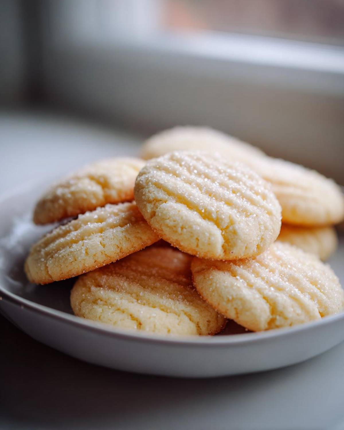 A close-up of several golden butter cookie treats stacked in a shallow white bowl, topped with sparkling sugar crystals.