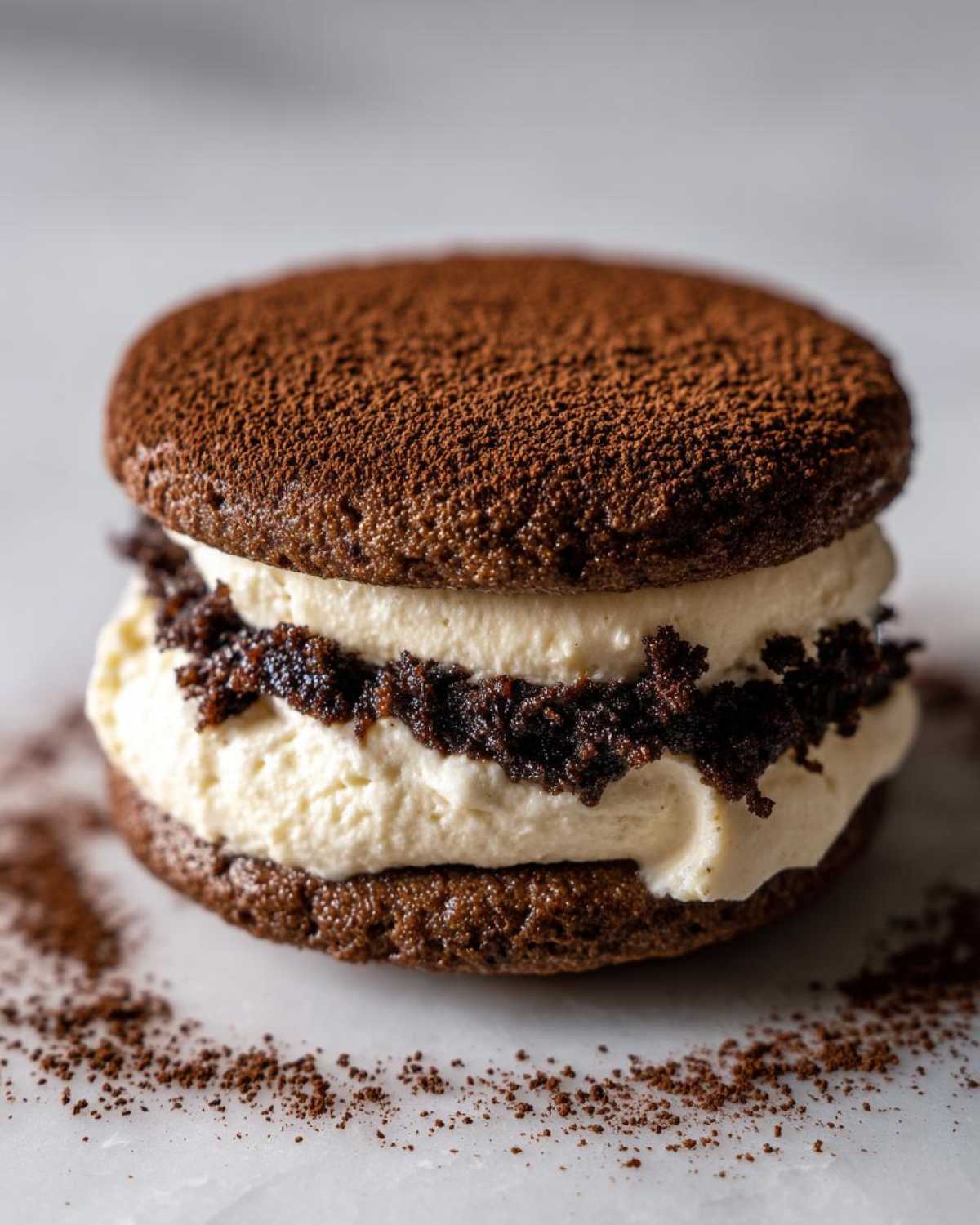 A decadent tiramisu cookies sandwich filled with cream and dark chocolate crumbs, dusted with cocoa powder.