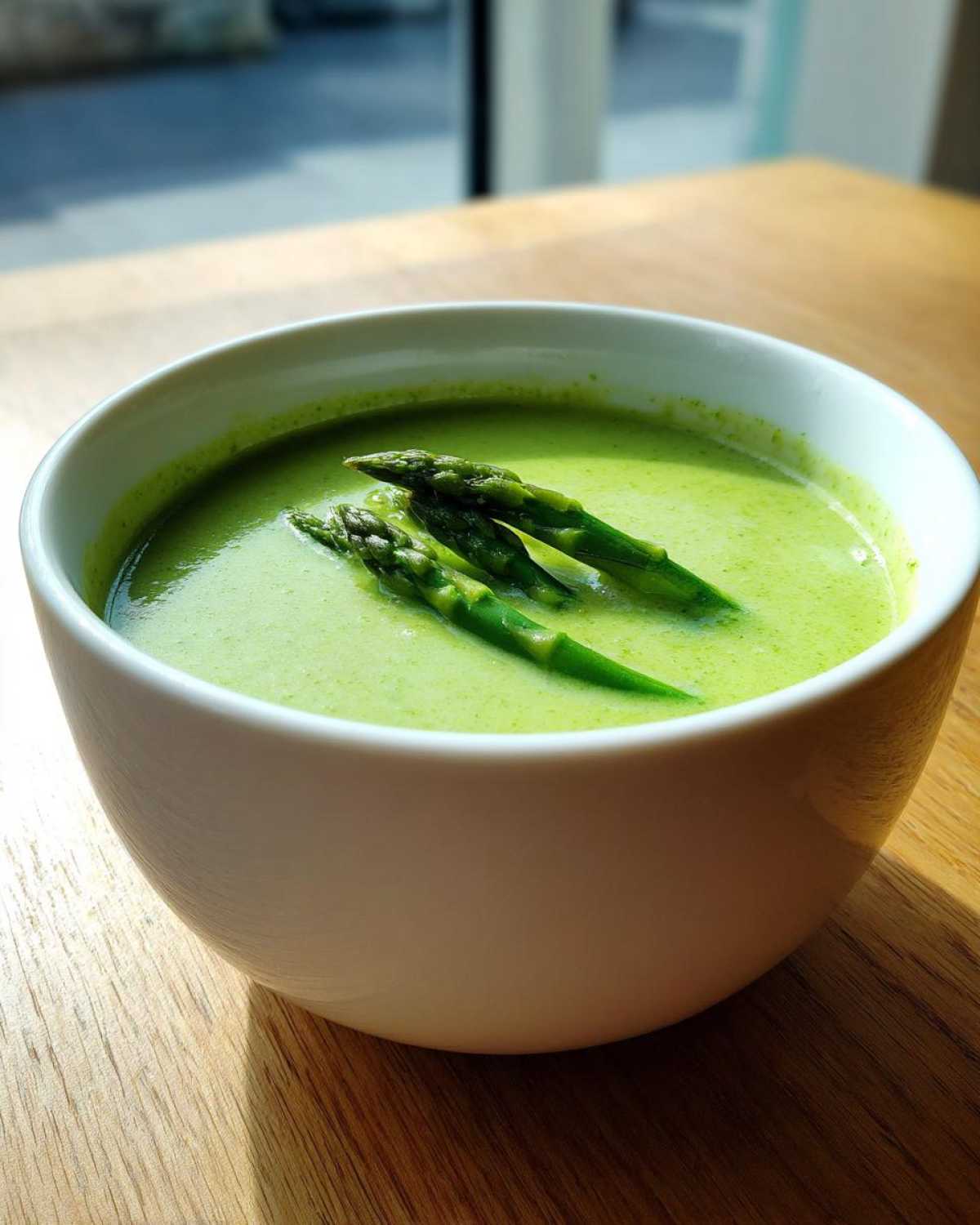 A vibrant green bowl of creamy asparagus soup garnished with three fresh asparagus spears.