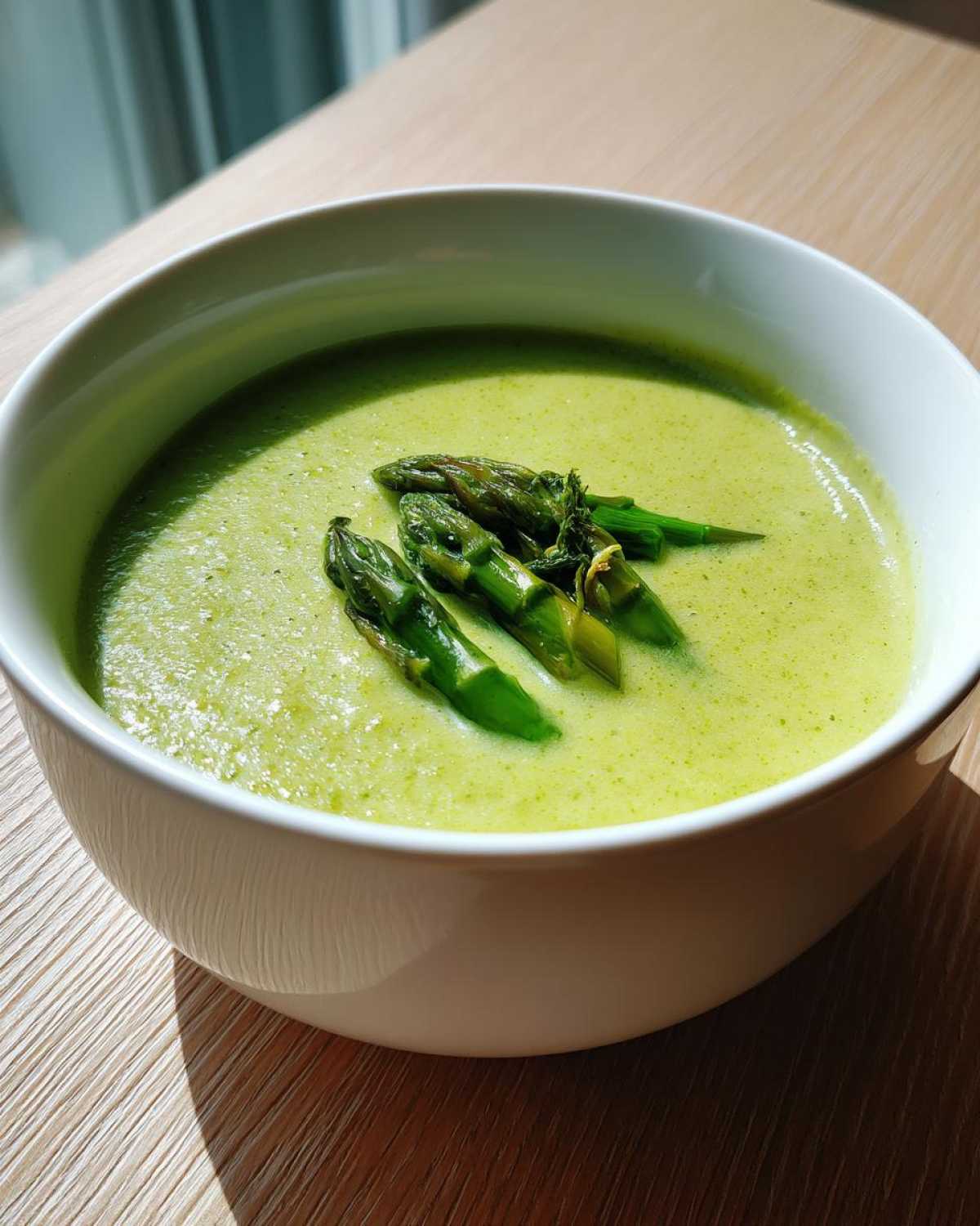 A vibrant green bowl of creamy asparagus soup topped with roasted asparagus tips.
