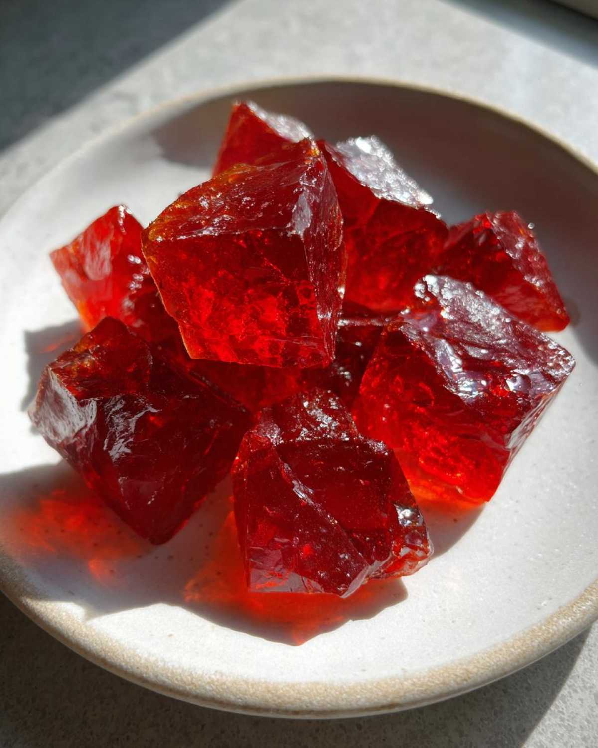 Close-up of bright red, jagged pieces of cinnamon rock candy glistening in the sunlight on a ceramic plate.
