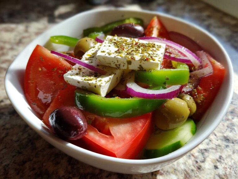 Close-up of a vibrant greek salad featuring large chunks of tomato, green pepper, red onion, olives, and feta cheese sprinkled with herbs.