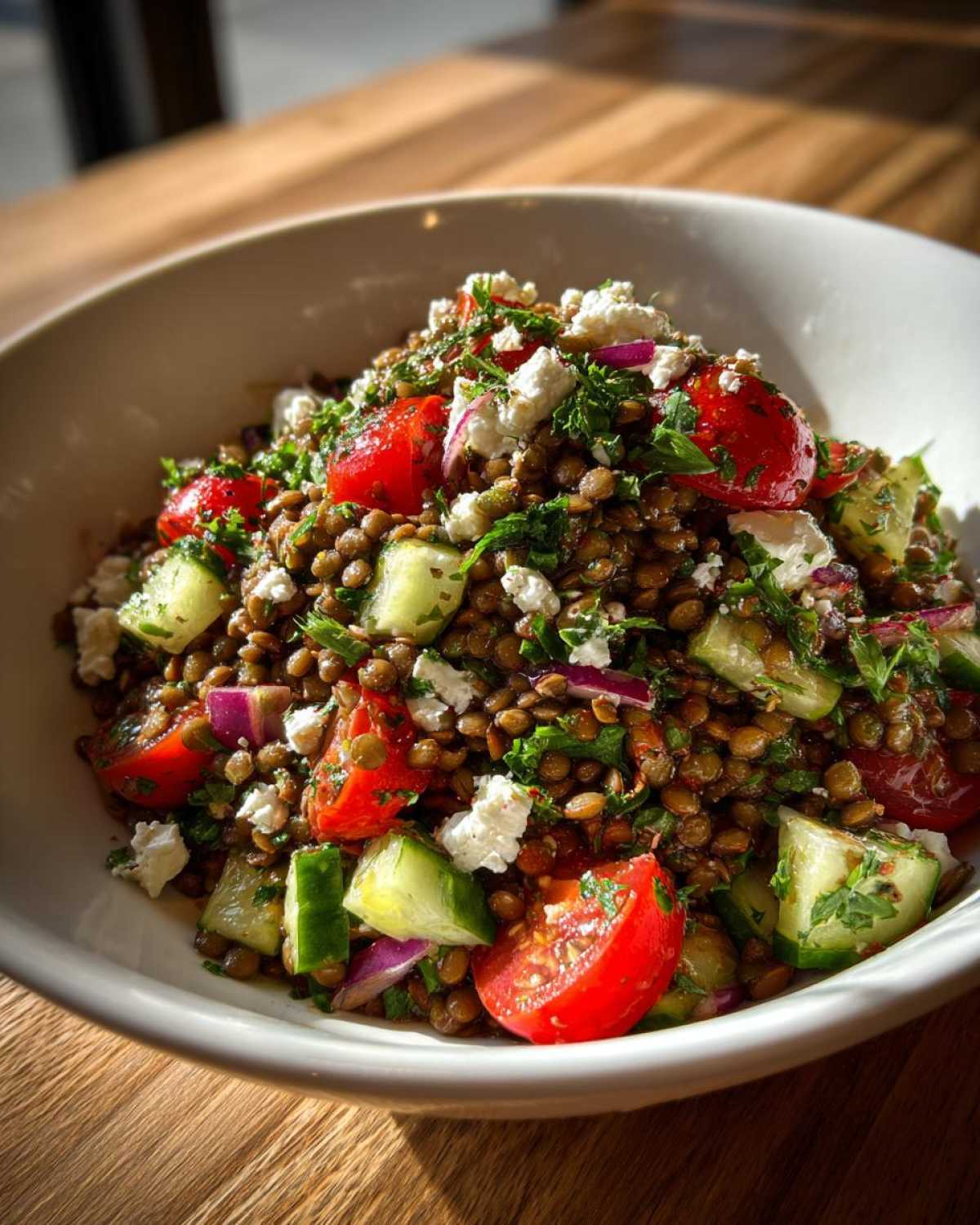 A vibrant bowl of Mediterranean lentil salad mixed with chopped tomatoes, cucumber, red onion, and topped with feta cheese.
