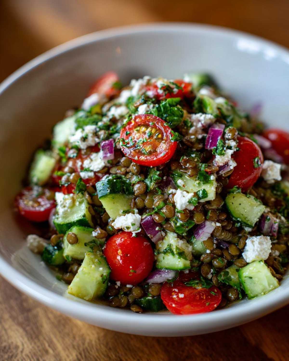 Close-up of a fresh lentil salad featuring brown lentils, chopped cucumber, cherry tomatoes, red onion, and feta cheese.
