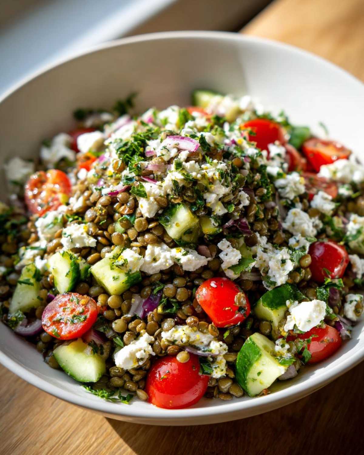 Close-up of a fresh lentil salad bowl featuring green lentils, cucumber, cherry tomatoes, red onion, and crumbled feta cheese.